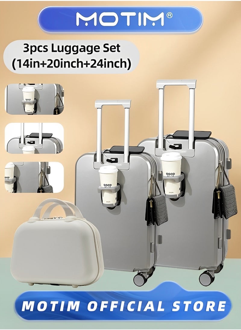 Motim 3pcs 14+20+24inch Luggage Set Carry On Luggage Suitcase Travel Bag Trolley With Cup Holder & USA Charging Port & Hooks & Hard Shell & Silent Spinner Wheels & TSA Lock for Business Travel  - Image 1