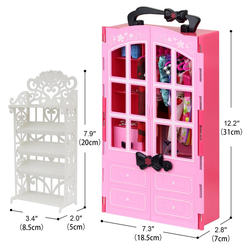Ecore Fun 120 Pcs Fashion Doll Closet Wardrobe for Clothes and Accessories Storage Include Clothes, Dresses, Shoes, Shoes Rack, Bags, Necklace, Hangers for 11.5 Inch Girl Doll Clothes - Image 4