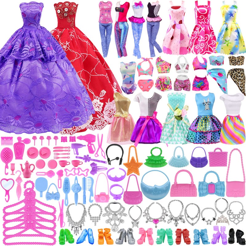 Ecore Fun 120 Pcs Fashion Doll Closet Wardrobe for Clothes and Accessories Storage Include Clothes, Dresses, Shoes, Shoes Rack, Bags, Necklace, Hangers for 11.5 Inch Girl Doll Clothes - Image 5