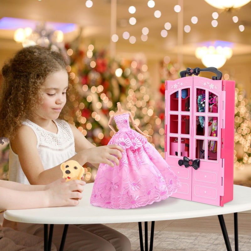 Ecore Fun 120 Pcs Fashion Doll Closet Wardrobe for Clothes and Accessories Storage Include Clothes, Dresses, Shoes, Shoes Rack, Bags, Necklace, Hangers for 11.5 Inch Girl Doll Clothes - Image 3