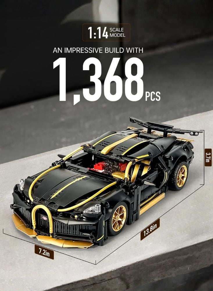 Premium Bugatti Chiron Style Building Block Set - 1:14 Scale Supercar Model (1,368 Pieces) - Black & Gold Edition - Image 5