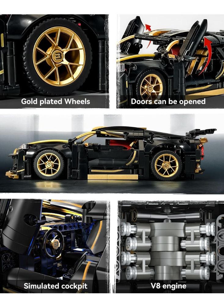 Premium Bugatti Chiron Style Building Block Set - 1:14 Scale Supercar Model (1,368 Pieces) - Black & Gold Edition - Image 2