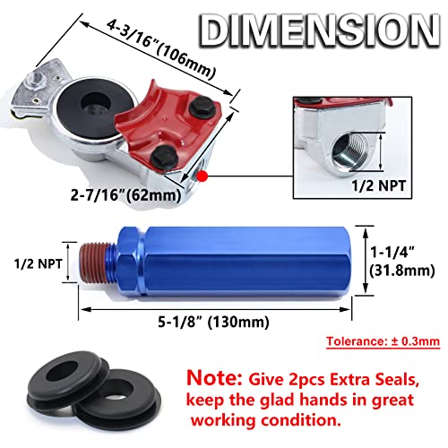 iBroPrat Glad Hand Grips Set with Seals,Gladhand Extension Handles Kit Emergency & Service Brake Air Hose Coupling Connectors for Semi Trucks Trailers Tractors RVs, Glad Hands Parts Red Blue 1 Pair - Image 5
