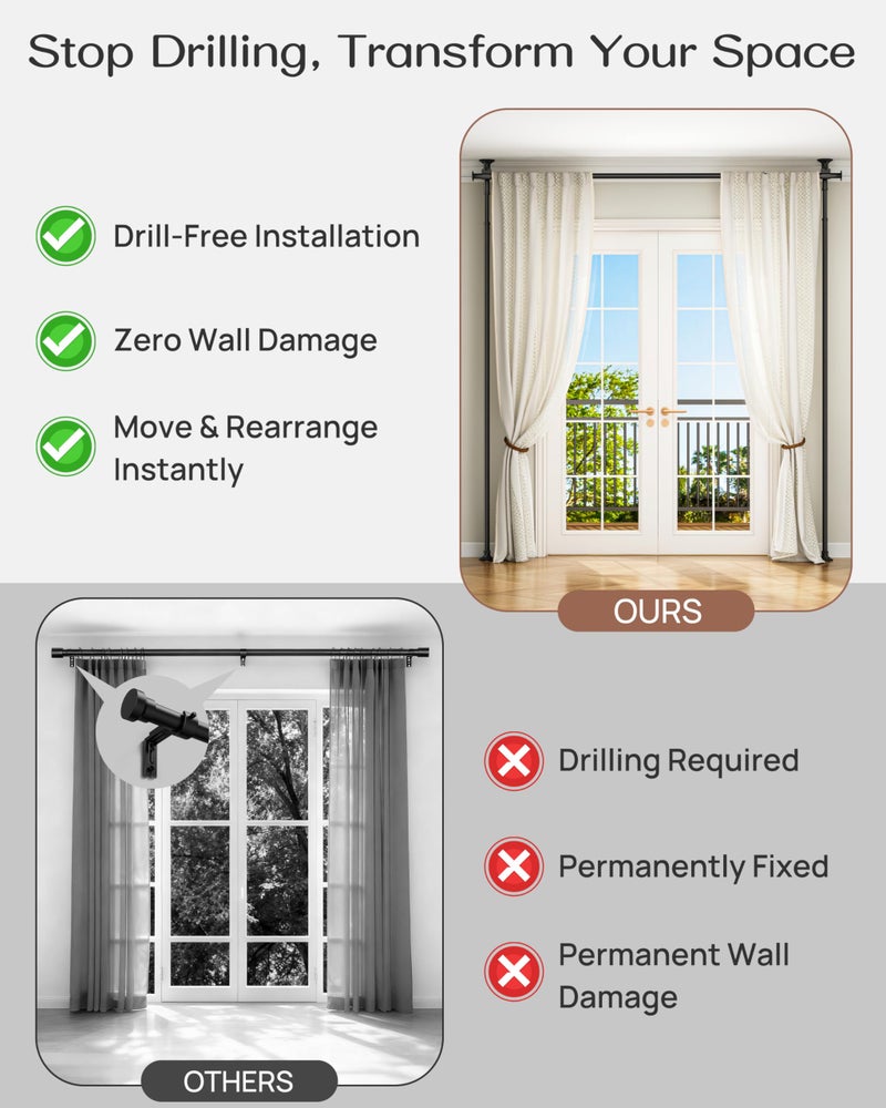 ALLZONE Tension Curtain Rods for Windows, Adjustable 31 to 83 Inch Wide, Freestanding Curtain Rods No Drilling, Apartment Renter Friendly, Heavy Duty, for Room Divider, Doorway,63 to 130Inch Height - Image 2