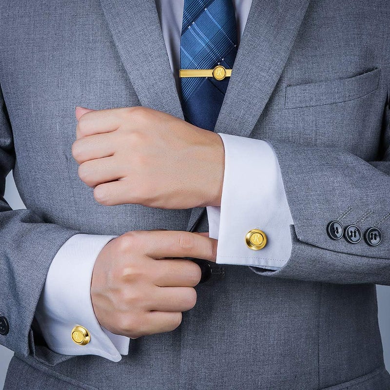 HAWSON 2 inch Tie Clips and Cufflinks Sets for Men A-Z Gold Engraved Letter Cufflinks and Tie Clips Sets for Formal Business Wedding - A - Image 3