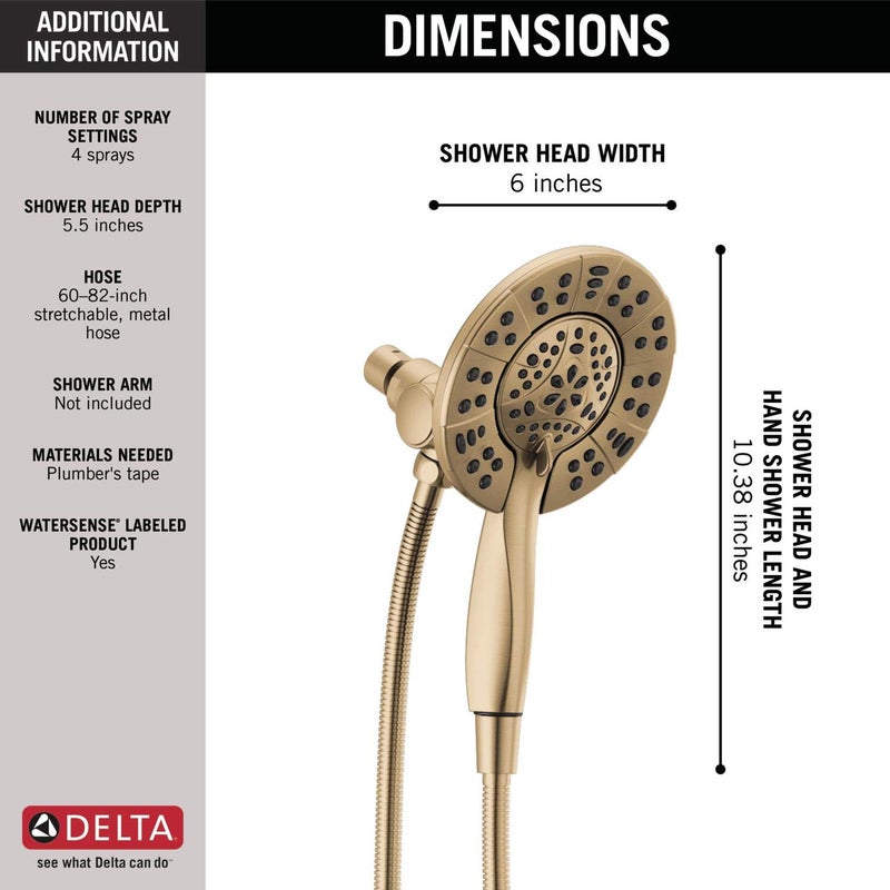 Delta 4-Setting In2ition 2-in-1 Dual Shower Head with HandHeld Spray, Brushed Gold Detachable Shower Head with Hose, Showerhead, 1.75 GPM Flow Rate, Champagne Bronze 58499-CZ - Image 5