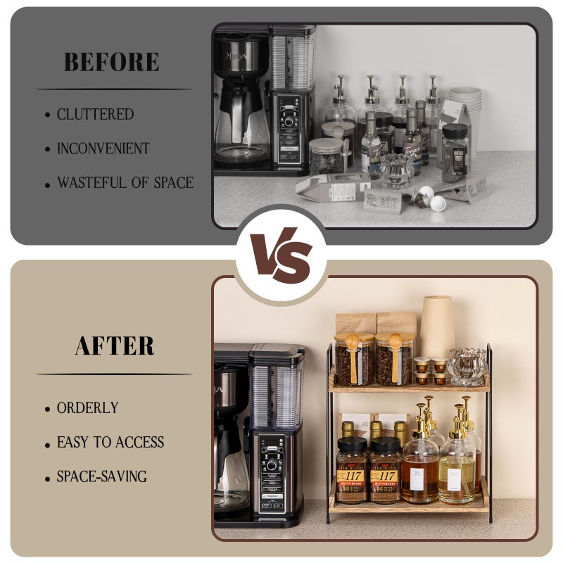 ANBOXIT منظم محطة القهوة ANBOXIT على السطح، رف خشبي بطبقتين لملحقات بار القهوة، حاملة تخزين التوابل للمطبخ، المنزل، المكتب - بني - Image 3