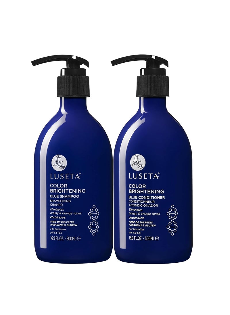 L LUSETA Luseta Blue Shampoo & Conditioner Set - Color Brightening for Brassy and Brunette Treated Hair, Revive Cool Tones, 2x 16.9oz 