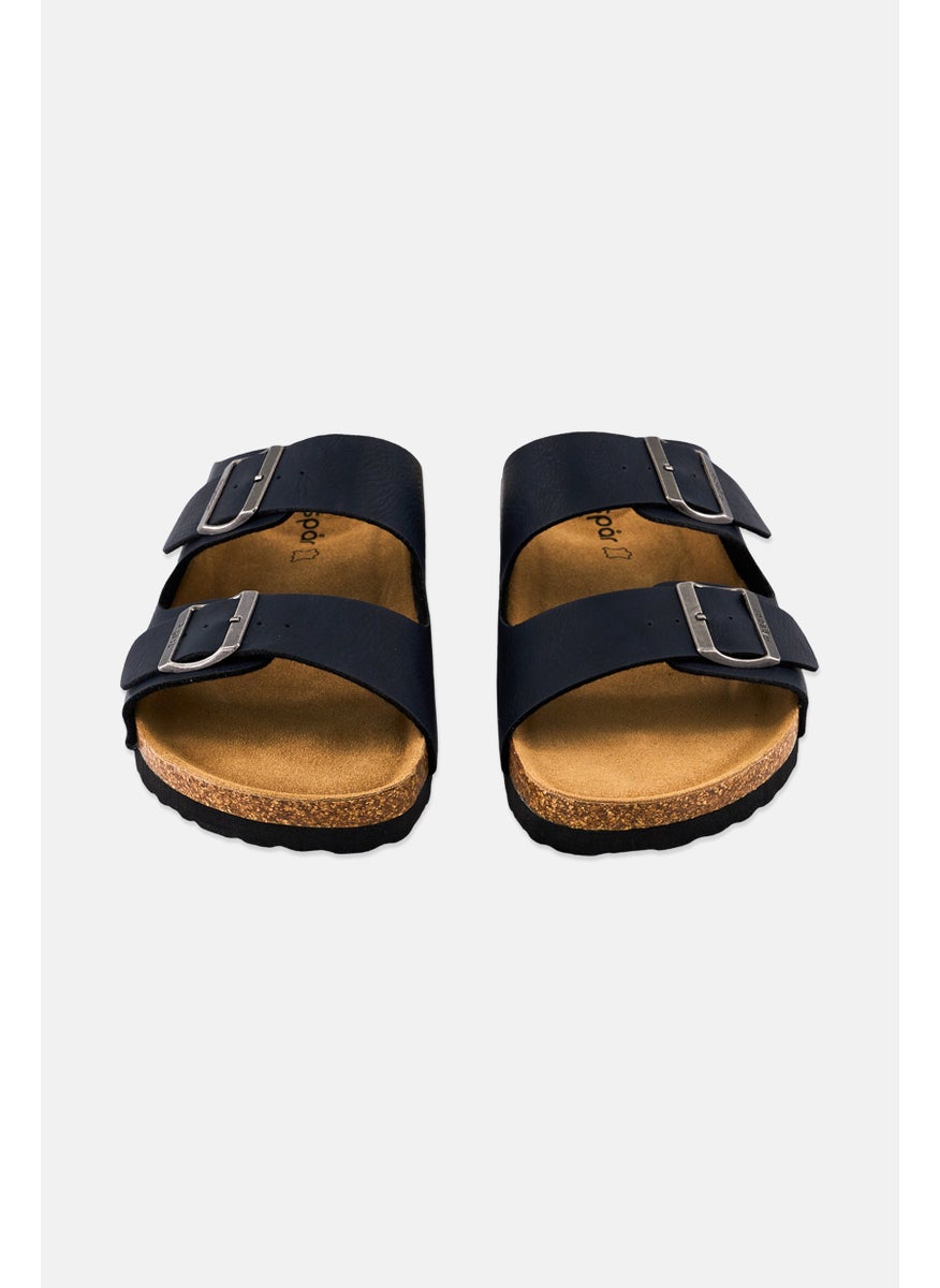 Algspar - Men Double Monk Strap Slip On Cork Sandals, Deep Navy - Image 1