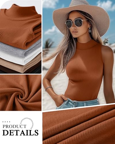 Xaatren 3 Pack Womens Sleeveless Mock Turtlenecks Shirts Ribbed Stretch Slim Fitted Tank Top Basic Lightweight Bustier TeeBlack Dark Brown PumpkinMedium - Image 3