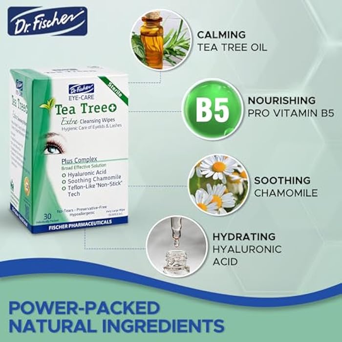 Dr. Fischer Tea Tree Oil Eye Wipes - Eyelid Wipes for Sensitive Eyes with Hyaluronic Acid and Chamomile, Makeup Remover, Daily Cleanser (60 wipes) - Image 2