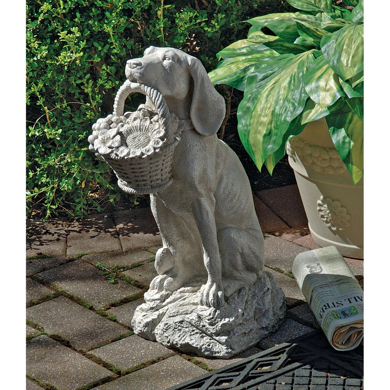 Design Toscano Man's Best Friend Dog with Basket Outdoor Garden Statue, 8 Inches Wide, 12 Inches Deep, 19 Inches High, Handcast Polyresin, Antique Stone Finish