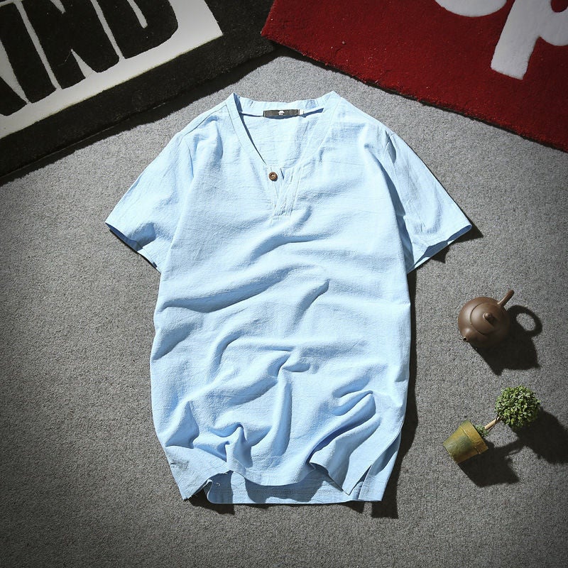 2022 Summer Linen Short-sleeved T-shirt Men's Vintage Cotton Linen Half-sleeved Trendy Men's Thin Linen Short-sleeved T-shirt - Image 3