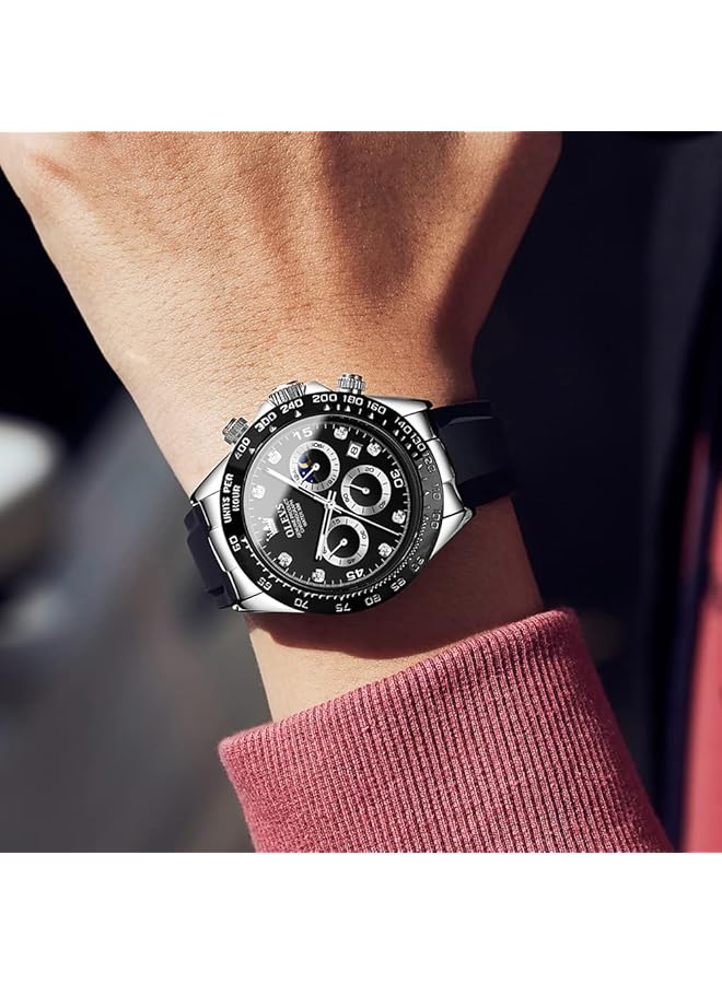 أوليفز ساعات رجالية كرونوغراف متعددة الوظائف رياضية سيليكون فاخرة الماس مرحلة القمر كوارتز ساعة رجالي مقاومة للماء ساعة يد… - Image 2