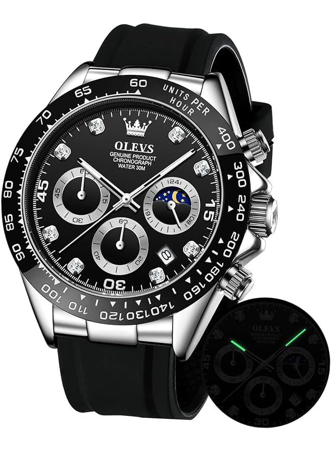 أوليفز ساعات رجالية كرونوغراف متعددة الوظائف رياضية سيليكون فاخرة الماس مرحلة القمر كوارتز ساعة رجالي مقاومة للماء ساعة يد… - Image 1