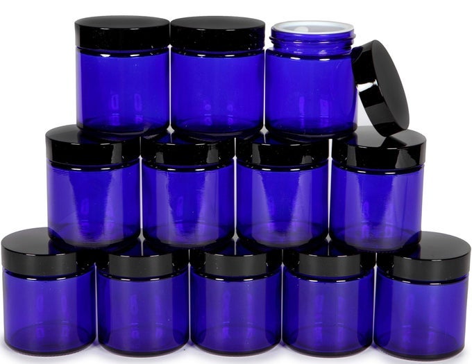 12 COBALT BLUE 4 OZ ROUND GLASS JARS WITH INNER LINERS AND BLACK LIDS