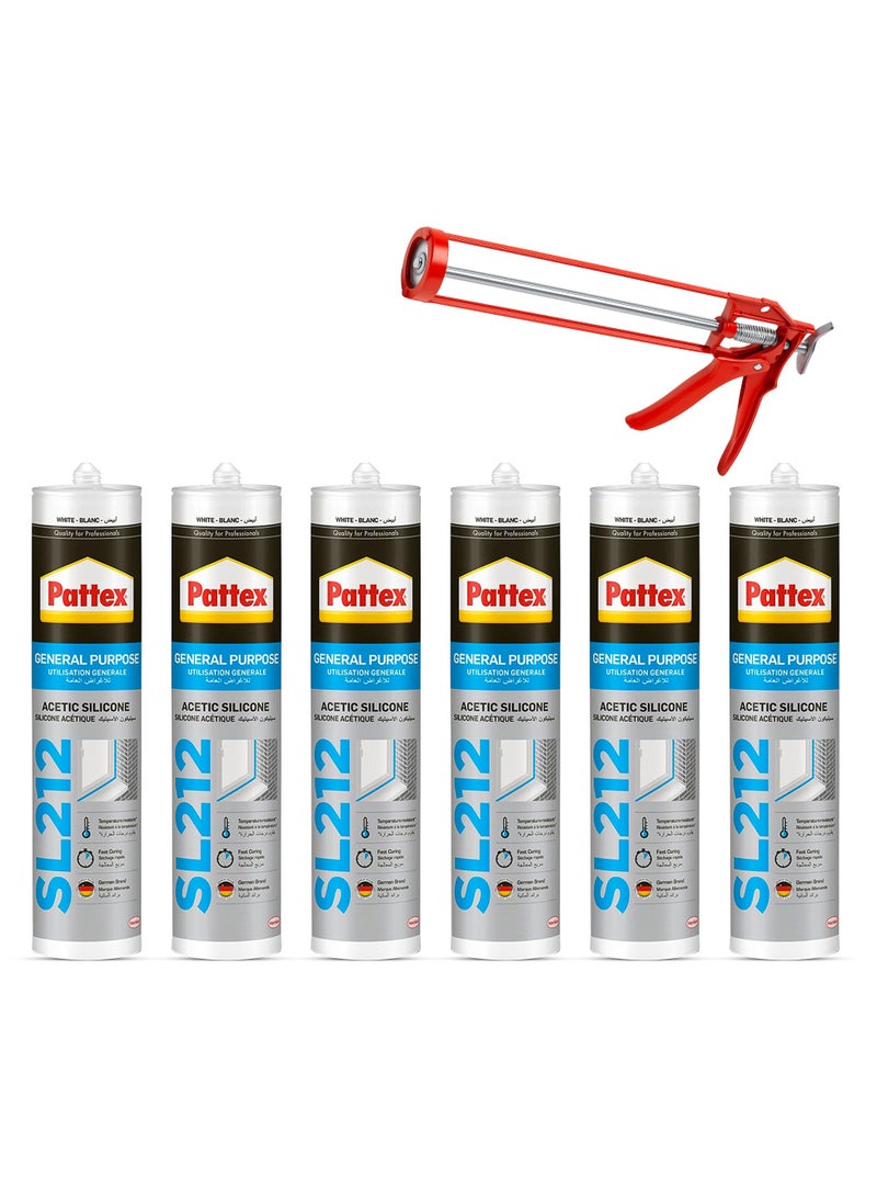 باتكس سيليكون أسيتيك متعدد الأغراض SL212، أبيض، مع مسدس سد، عبوة من 6 قطع - Image 1