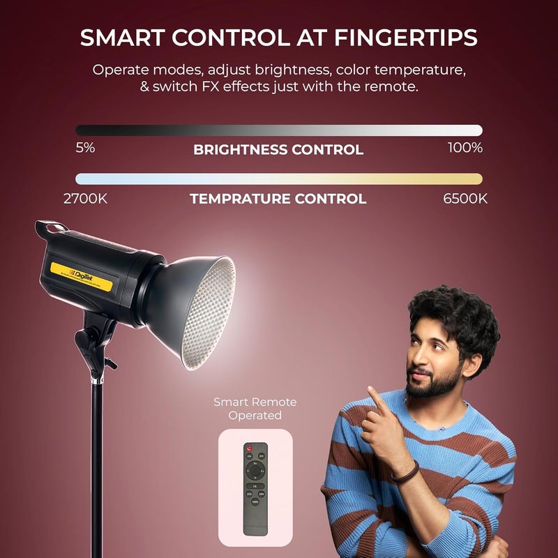 Digitek لايت (DCL 100WDC كومبو) ضوء مستمر ثنائي اللون 100 واط مع عاكس وتحكم عن بعد، درجة حرارة اللون 2700K-6500K، 10600 لومن، تدرج سطوع 5-100%، 8 تأثيرات إضاءة FX، للتصوير الفوتوغرافي والفيديو. - Image 5
