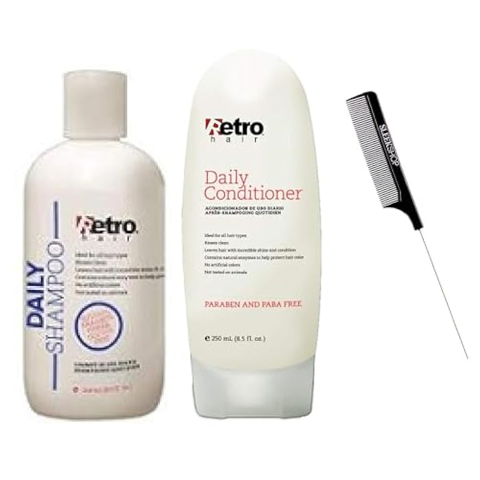 kuss Retro Hair Daily Shampoo & Daily Conditioner DUO KIT SET (w/Steel Pin Rat Tail Comb) Retrohair Cleanser Condition (8.5 oz + 8.5 oz - Original Sizes)