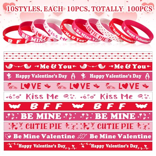HI-BOOM Hiboom 100 Pcs Valentines Day Bracelets Bulk Gifts for Kids Valentines Day Party Favors Silicone Wristband Pink Red Love Heart Accessories Goodie Bag Stuffers Treats Classroom Exchange Prizes Decor - Image 5