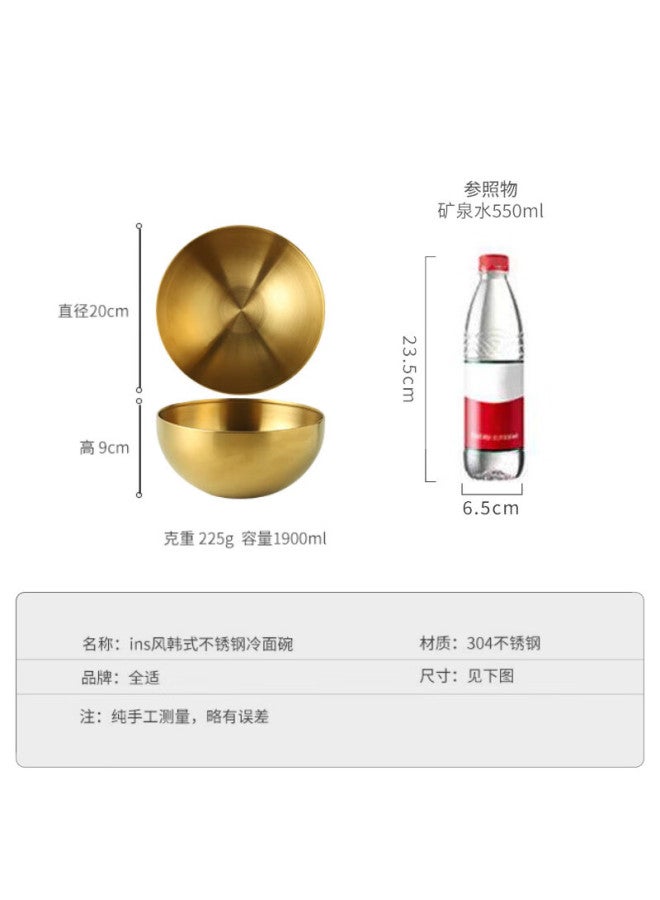 All-round Quanshi 304 Stainless Steel Korean-style Cold Noodle Bowl, 20cm Large Soup Bowl, Noodle Bowl, Korean Bibimbap Bowl, Tableware, Gold-plated - Image 1