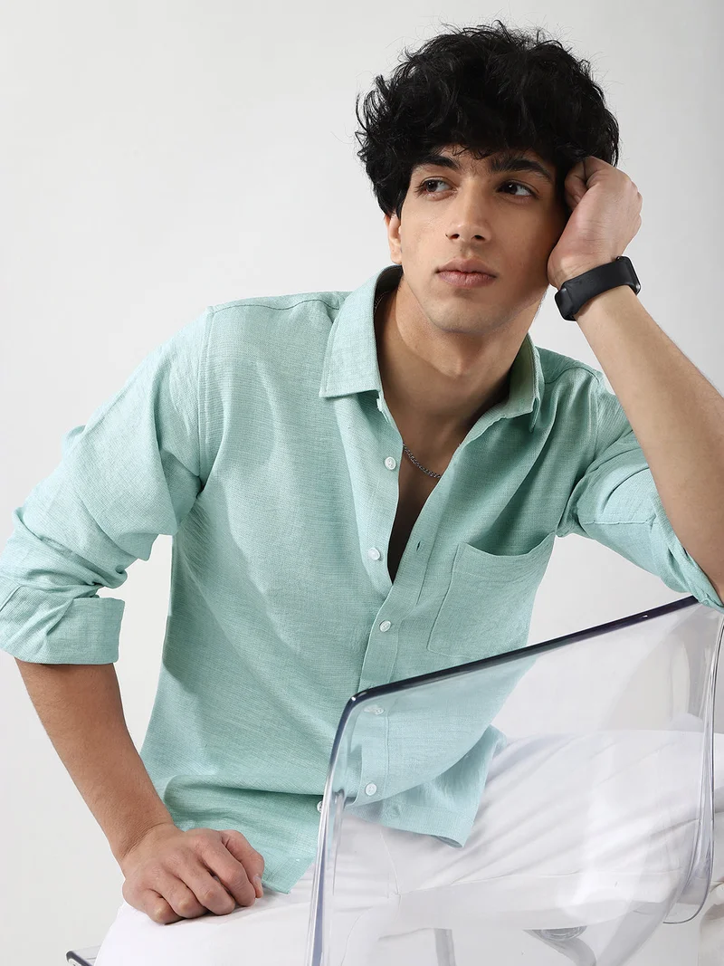 Urbano Fashion Men's Light Blue Linen Blend Full Sleeve Relaxed Fit Casual Solid Shirt