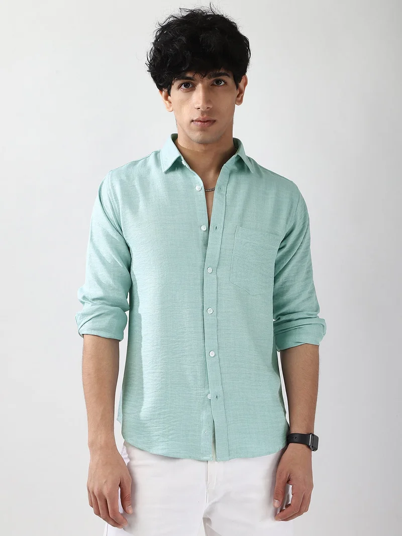 Urbano Fashion Men's Light Blue Linen Blend Full Sleeve Relaxed Fit Casual Solid Shirt