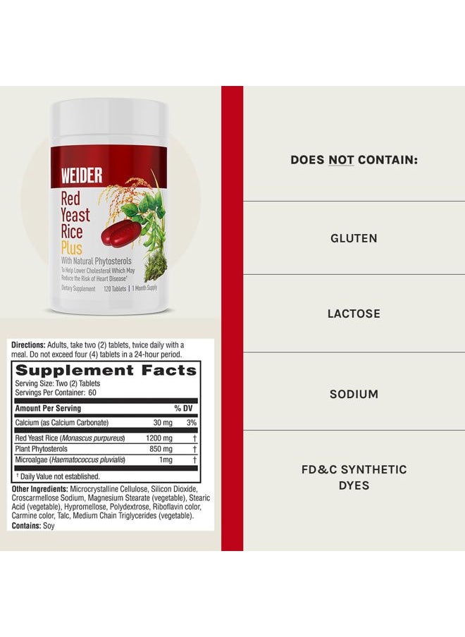 Weider - Red Yeast Rice Plus 1200mg - With 850mg of Natural Phytosterols- Gluten FREE - One Month Supply - Image 1