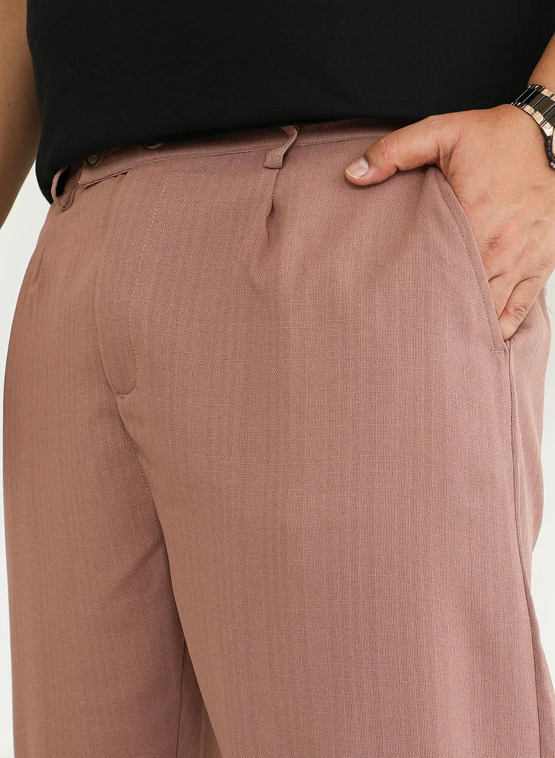 Instafab Plus Instafab Plus Men's Mousse Brown Linen-Blend Cigrette Trousers For Casual Wear | Mid-Rise | Regular Fit | Button Closure | Plus Size Trousers Crafted With Comfort Fit For Everyday Wear