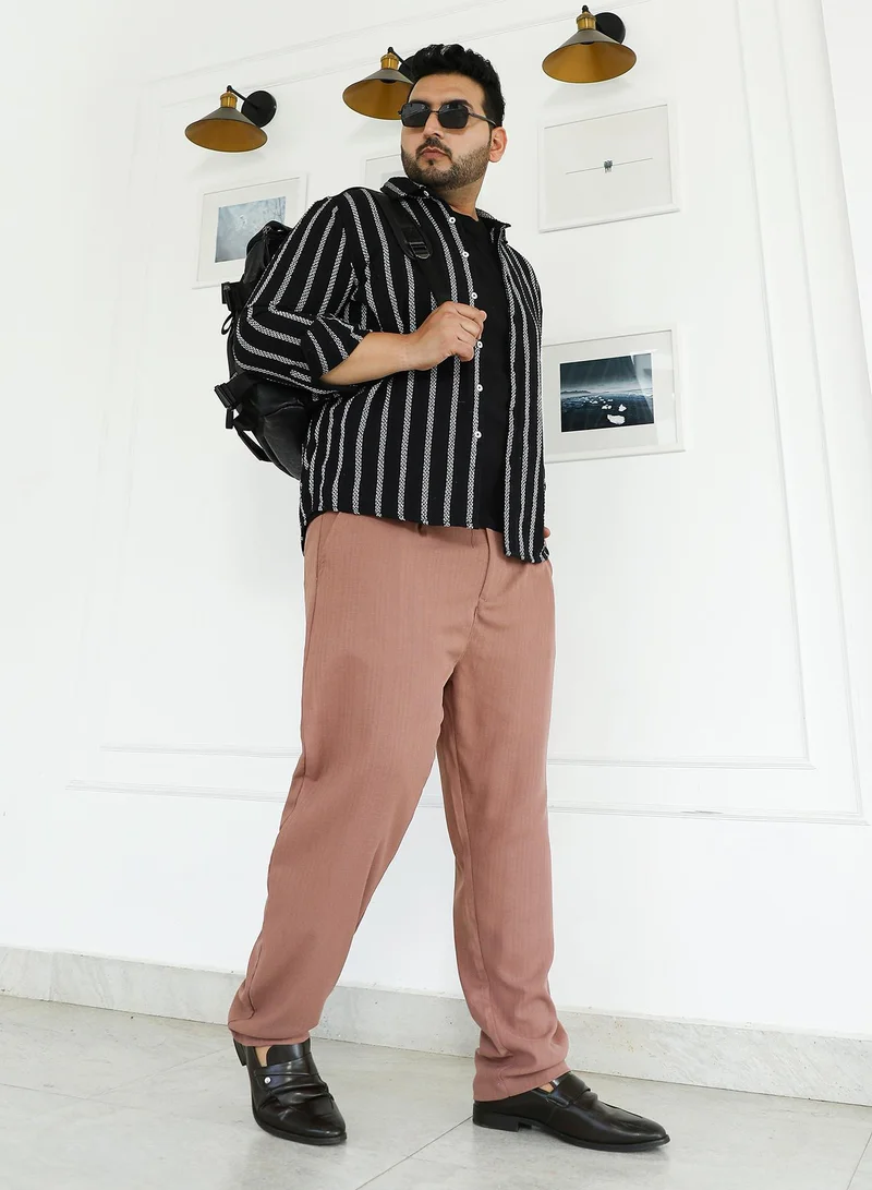 Instafab Plus Instafab Plus Men's Mousse Brown Linen-Blend Cigrette Trousers For Casual Wear | Mid-Rise | Regular Fit | Button Closure | Plus Size Trousers Crafted With Comfort Fit For Everyday Wear