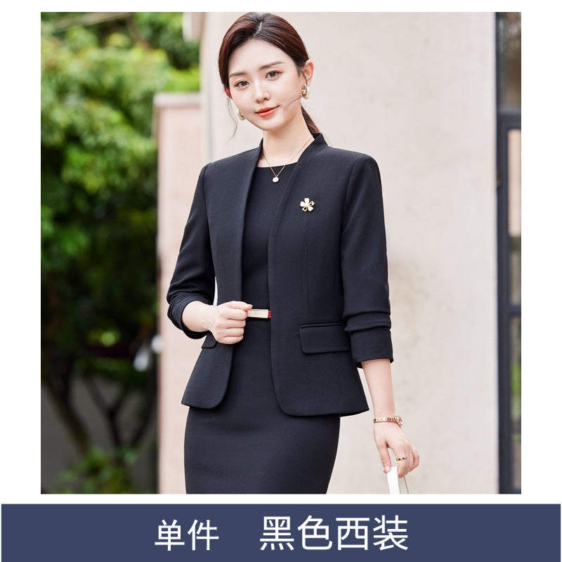 Collarless Suit Jacket Womens dress Two-piece Set Spring and Autumn Casual Suit Beauty Salon Work Clothes Professional suit Single black suit 