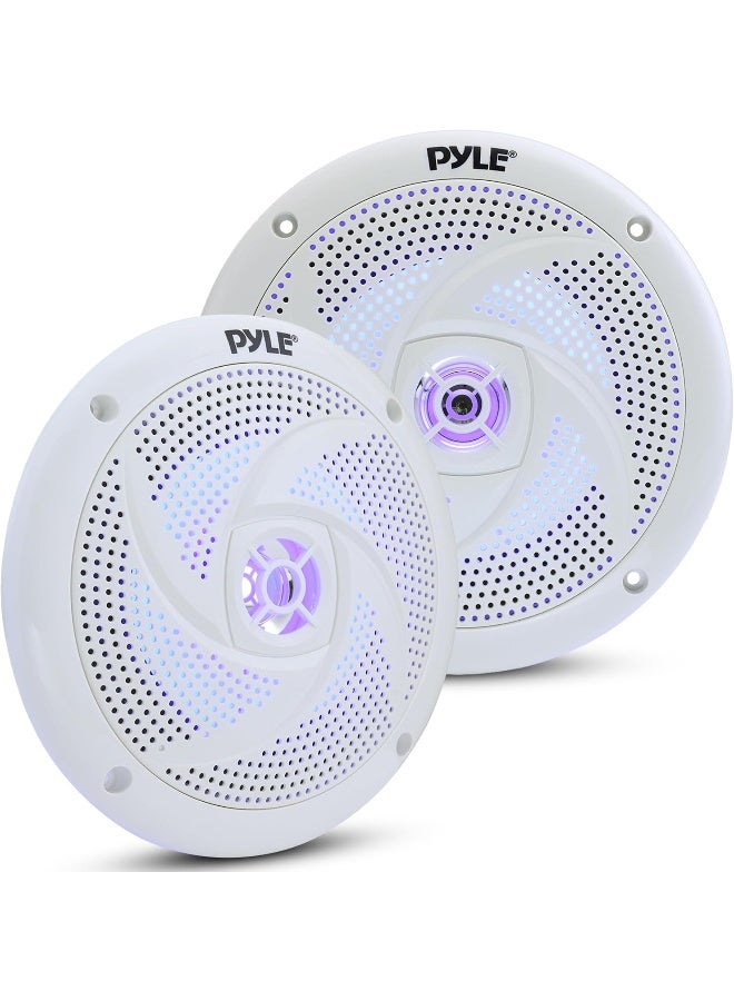 Pyle Pyle Low-Profile Waterproof Marine Speakers - 240W 6.5 Inch 2 Way 1 Pair Slim Style Waterproof Weather Resistant Outdoor Audio Stereo Sound System w/Blue Illuminating LED Lights - Pyle (White)  - Image 1