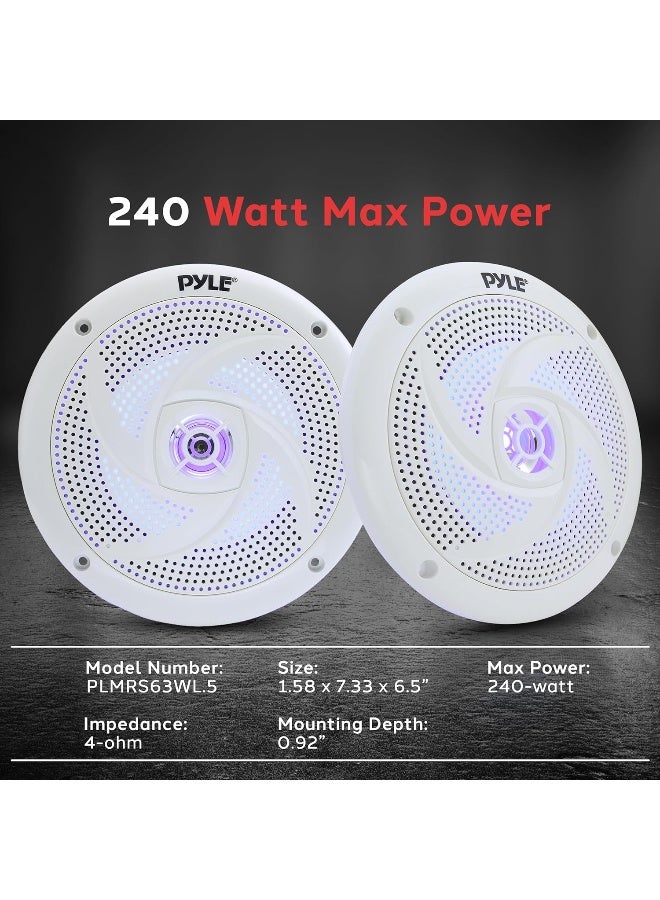 Pyle Pyle Low-Profile Waterproof Marine Speakers - 240W 6.5 Inch 2 Way 1 Pair Slim Style Waterproof Weather Resistant Outdoor Audio Stereo Sound System w/Blue Illuminating LED Lights - Pyle (White)  - Image 2