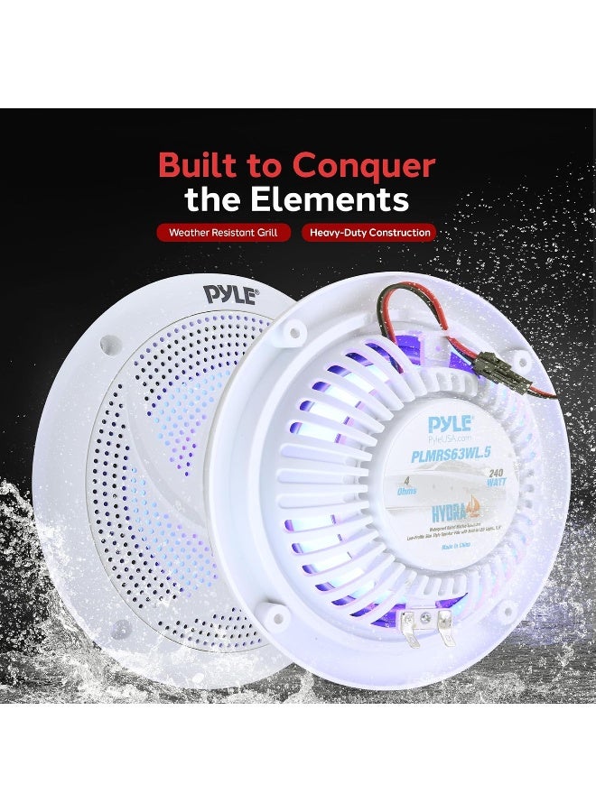 Pyle Pyle Low-Profile Waterproof Marine Speakers - 240W 6.5 Inch 2 Way 1 Pair Slim Style Waterproof Weather Resistant Outdoor Audio Stereo Sound System w/Blue Illuminating LED Lights - Pyle (White)  - Image 5