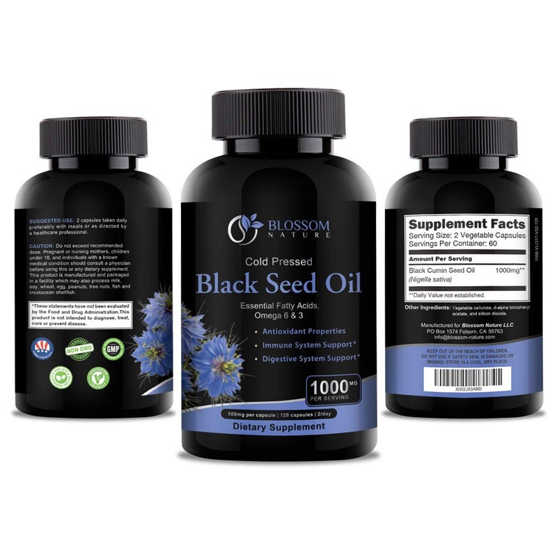 Blossom Nature Black Seed Oil Capsules 1000mg - Premium Black Cumin Seed Oil Capsules - Black Seed Oil Liquid Pills - Virgin Cold Pressed Nigella Sativa Oil Pills - Blackseed Oil - 120 Cap (2 Month Supply) - Image 2