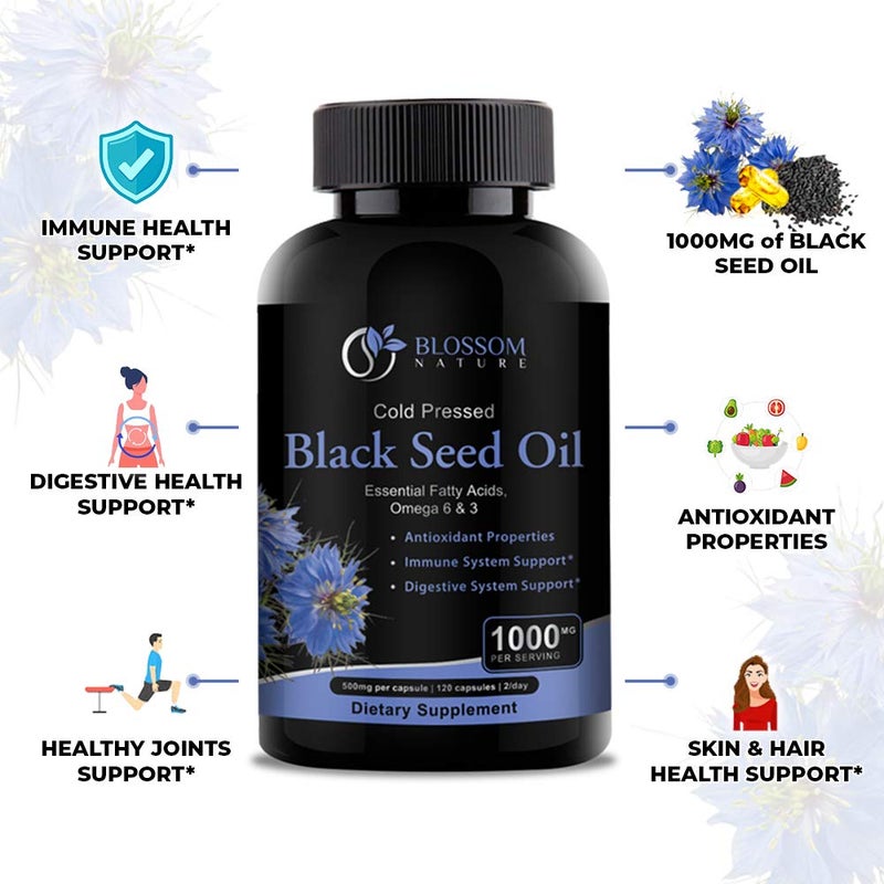 Blossom Nature Black Seed Oil Capsules 1000mg - Premium Black Cumin Seed Oil Capsules - Black Seed Oil Liquid Pills - Virgin Cold Pressed Nigella Sativa Oil Pills - Blackseed Oil - 120 Cap (2 Month Supply) - Image 3