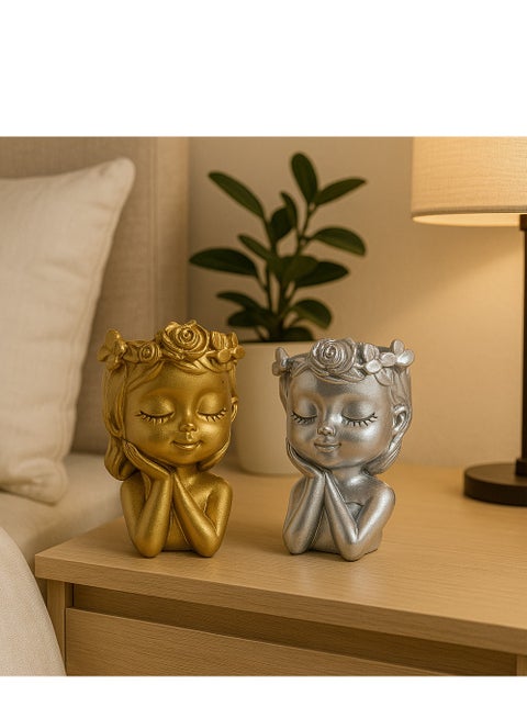 2Pcs Gold And Silver Cartoon Girl Face Ornament (Length 12Cm, Width 6Cm) Modern Resin Home Decor