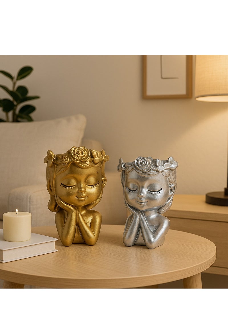 قطعتان من زينة وجه فتاة كرتونية ذهبية وفضية (الطول 12 سم، العرض 6 سم) ديكور منزلي عصري من الراتينج - Image 3