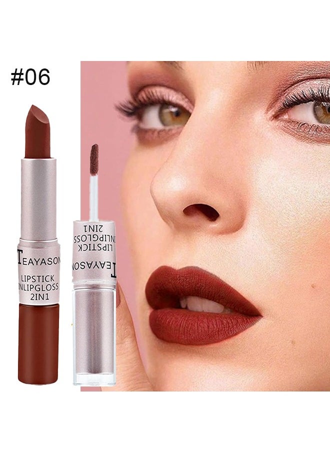 TEAYASON - 2In1 Lipgloss & Lipstick，lipstick Double Head Non Stick Cup matte Fog Face Lip Gloss Two In One Paste Non Fading Stick Cup dark red Lip plumping Lipstick #06 - Image 1