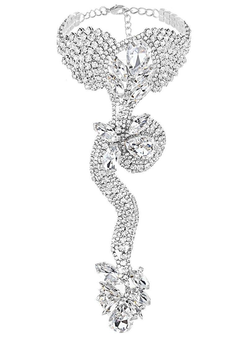 SYOSI Rhinestone Snake Finger Bracelet - Sparkling Crystal Bangle Hand Chain for Women and Girls Lady Crystal Jewelry Bracelet Valentine's Day Gift Snake Hand Jewelry for Party Silver - Image 1