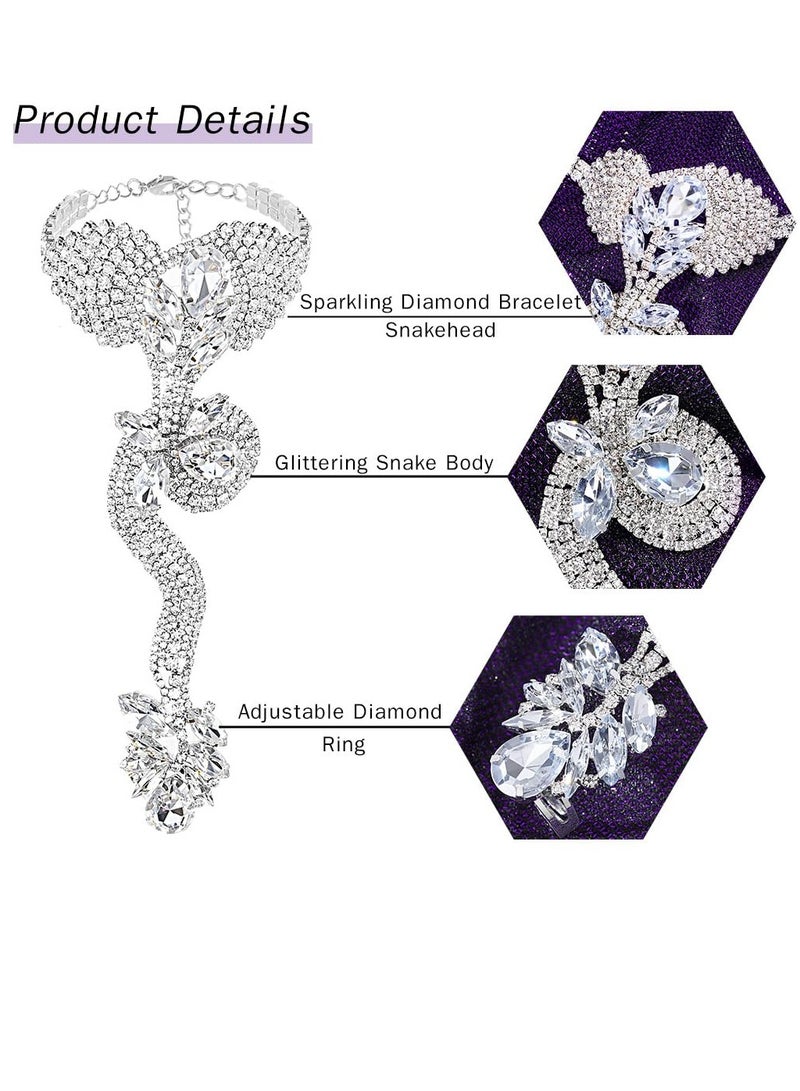 SYOSI Rhinestone Snake Finger Bracelet - Sparkling Crystal Bangle Hand Chain for Women and Girls Lady Crystal Jewelry Bracelet Valentine's Day Gift Snake Hand Jewelry for Party Silver - Image 3