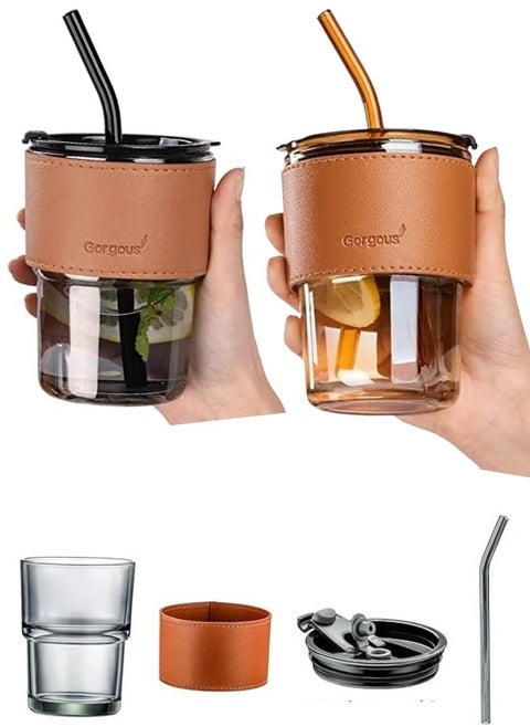 2 Glass Cups with Straw and Lid, Glass Cup with Leather Protective Cover, Reusable Cup for Straw and Direct Drinking Mouth for Dual Use