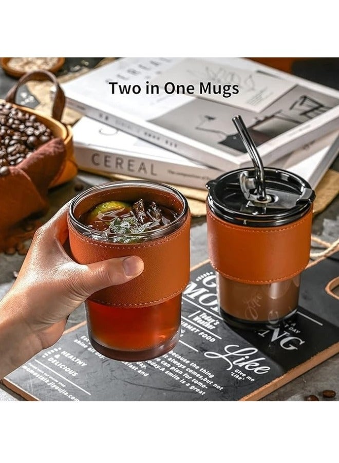 جورجيس 2كوب زجاجي مع مصاصة وغطاء ، كوب زجاجي مع غطاء حماية من الجلد ، كوب قابل لإعادة الاستخدام للقش وفم الشرب المباشر للاستخدام المزدوج - Image 2