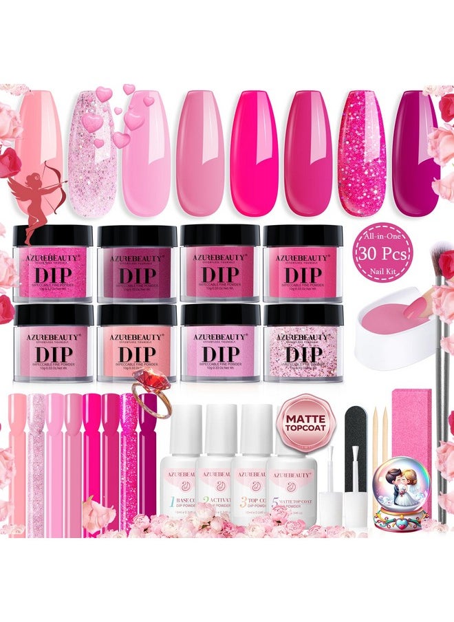 AZUREBEAUTY - AZUREBEAUTY Dip Powder Nail Starter Kit with Matte Coat, 8 Hot Pink Glitter Neon Summer Dip Powder Color, Dipping Powder Liquid Set with Base/Top Coat/ Activator/10 Nail Sticks Salon at Home - Image 1