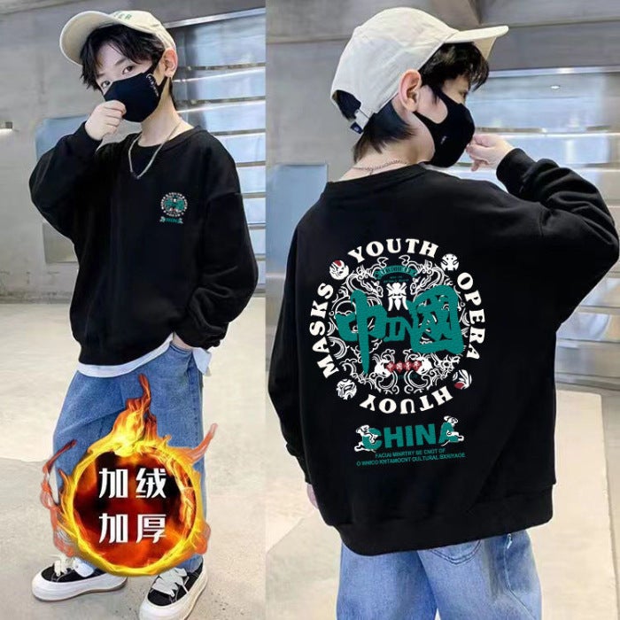 Boys' Trendy 2026 New Style Fleece-Lined Crewneck Pure Cotton Sweatshirt Versatile Long-Sleeve Loose Top - Image 1