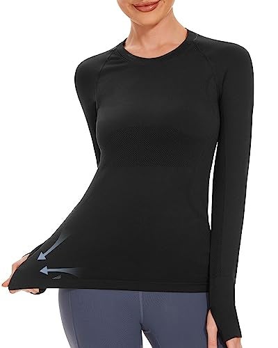 Stelle Womens Seamless Workout Top Yoga Athletic Shirt with Thumb Hole Breathable for Sports Running Slim Fit(Black, S) - Image 3