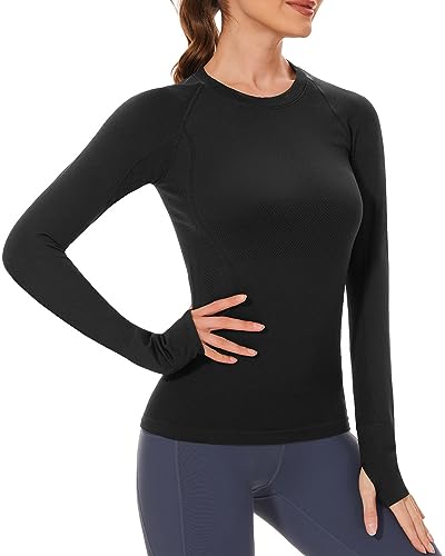 Stelle Womens Seamless Workout Top Yoga Athletic Shirt with Thumb Hole Breathable for Sports Running Slim Fit(Black, S) - Image 1