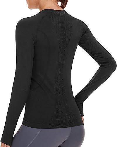 Stelle Womens Seamless Workout Top Yoga Athletic Shirt with Thumb Hole Breathable for Sports Running Slim Fit(Black, S) - Image 2