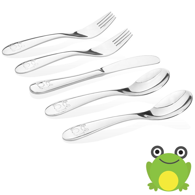 Kiddobloom Kids Stainless Steel Utensil Set  Premium 304 188  Adorable Frog Design  5piece Set 2 Spoons 2 Forks  1 Butter Knife  Safe  Durable for Toddlers and Children  by Kiddobloom 
