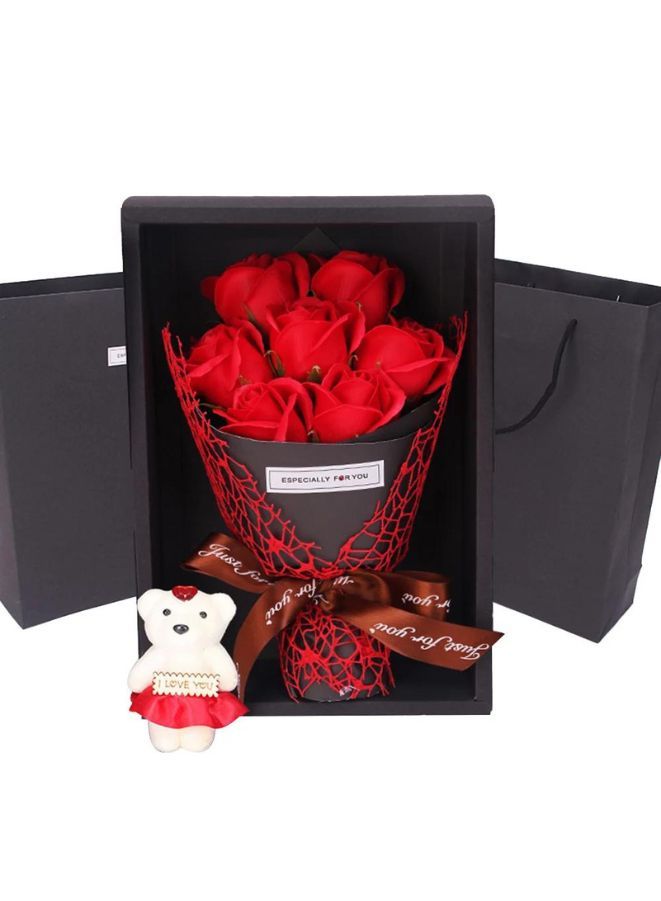 7 Rose Soap Flower With Teddy Bear Gift Box Small Bouquet For Wedding, Birthday, Mother's Day Gifts - Image 1